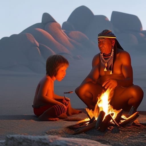 Native American Medicine Man Teaching Son: Fantasy Art