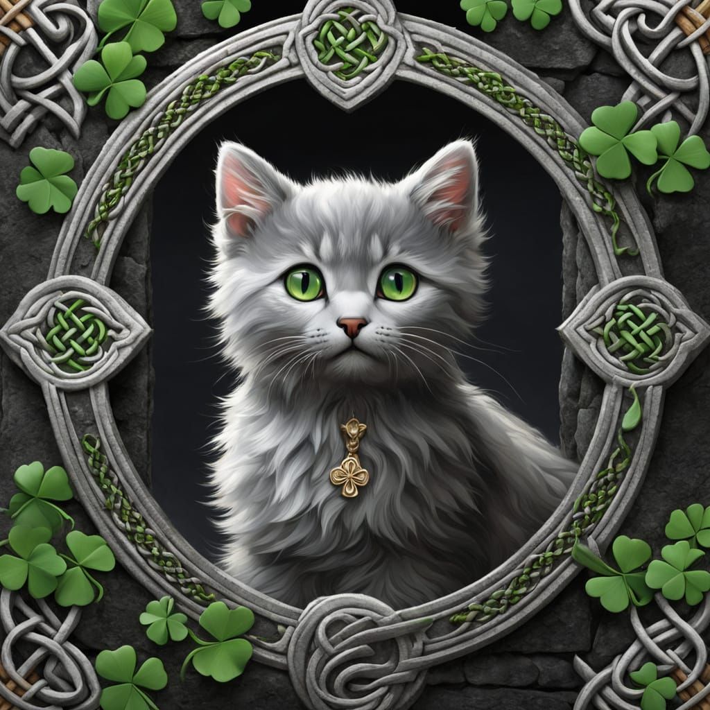 Whimsical Fluffy Kitten in Celtic Cross Landscape