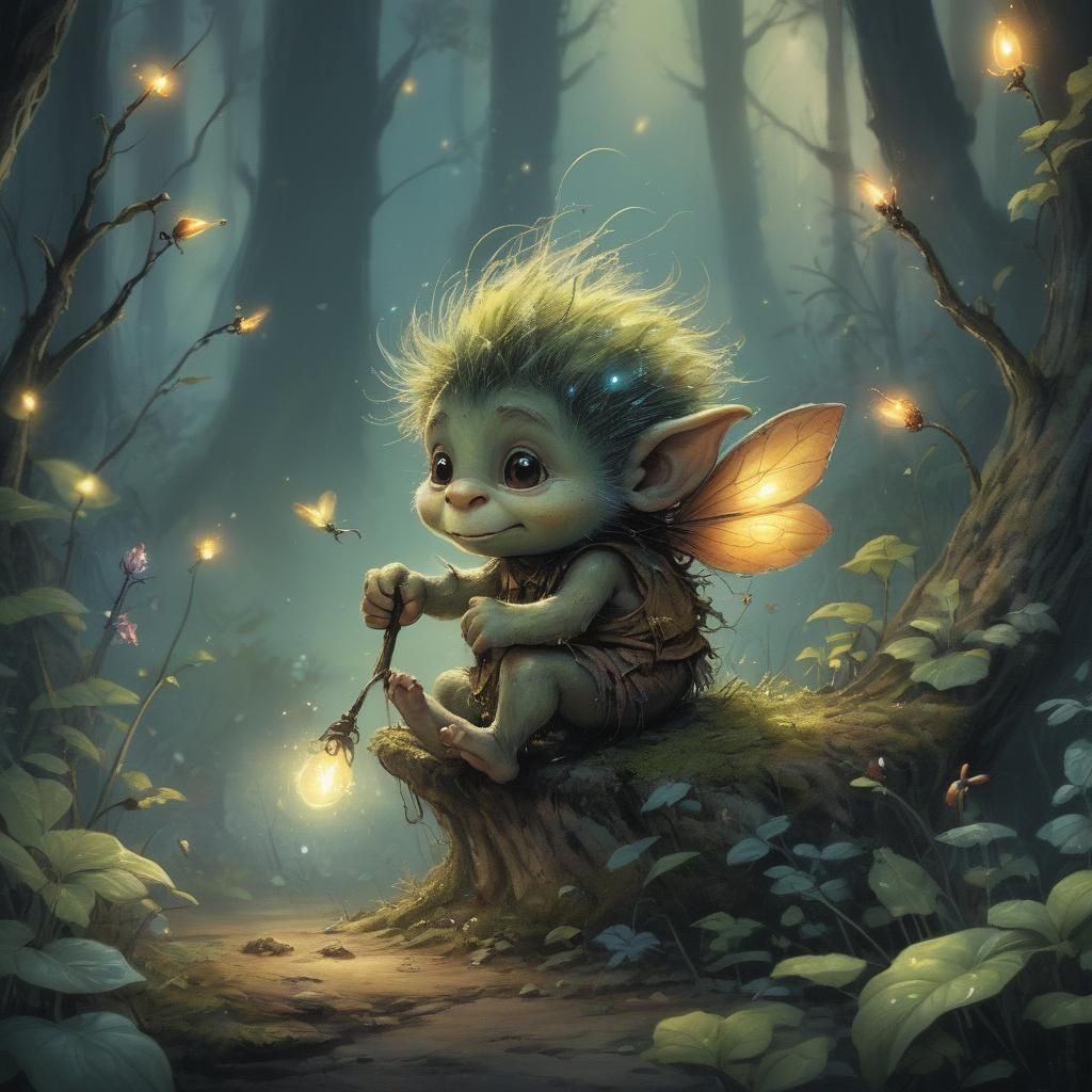 Enchanted Baby Troll and Fireflies, Rackham Style