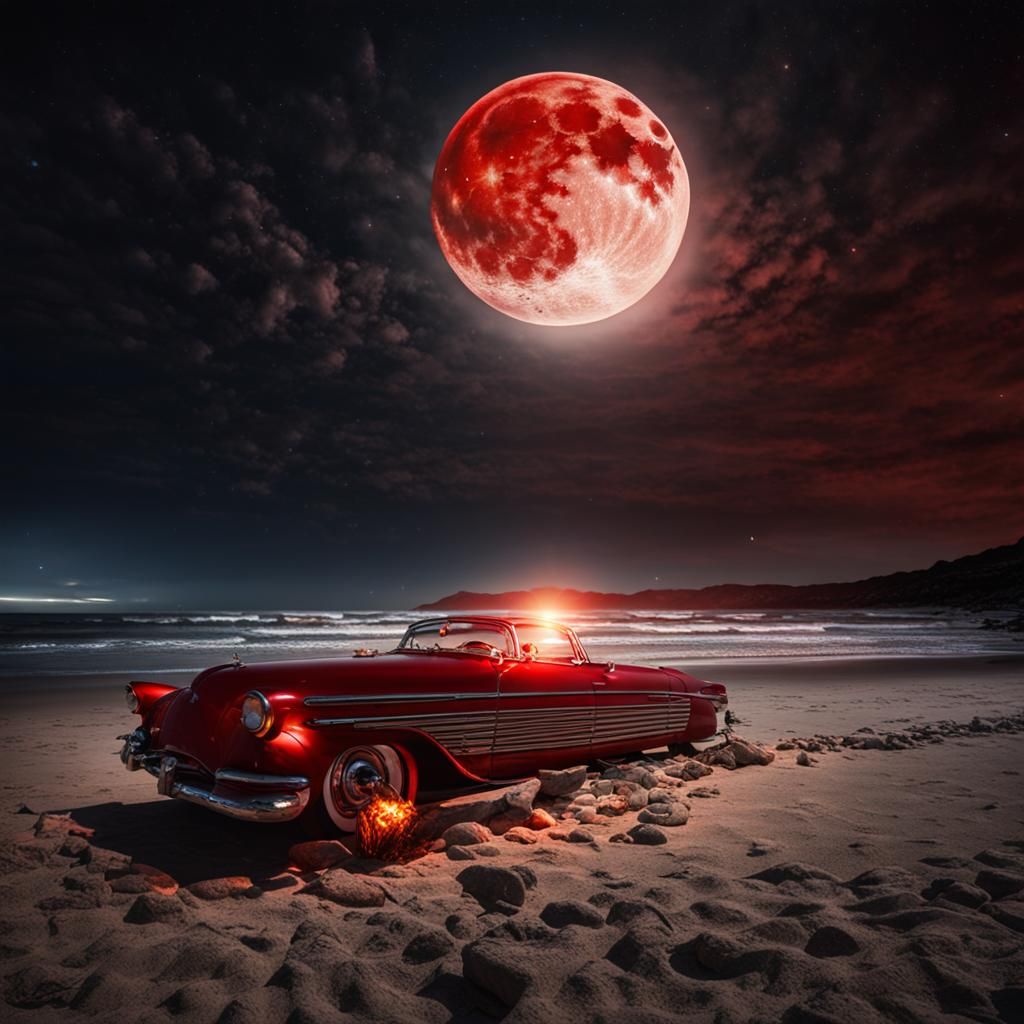 Hyperrealistic Red Flaming Eye on Beach in Moonlight