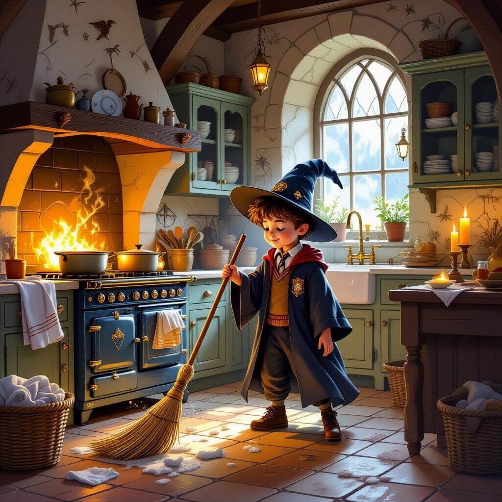 Wizard Boy's Magical Chores in Hogwarts Kitchen