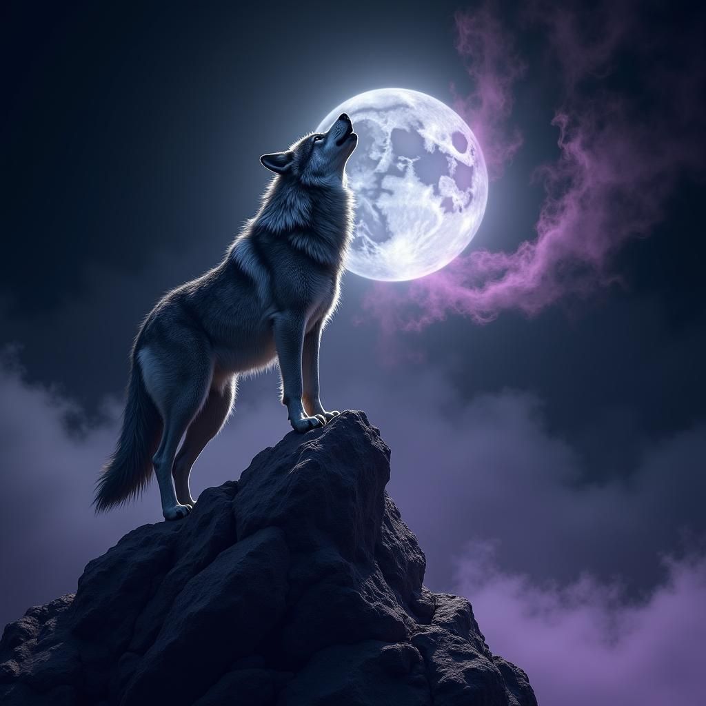 Wolf Howling at Moon in a Mystical Landscape
