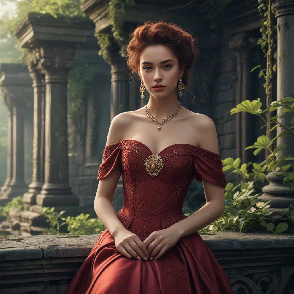 Ethereal Fantasy Queen in Rich Red Gown
