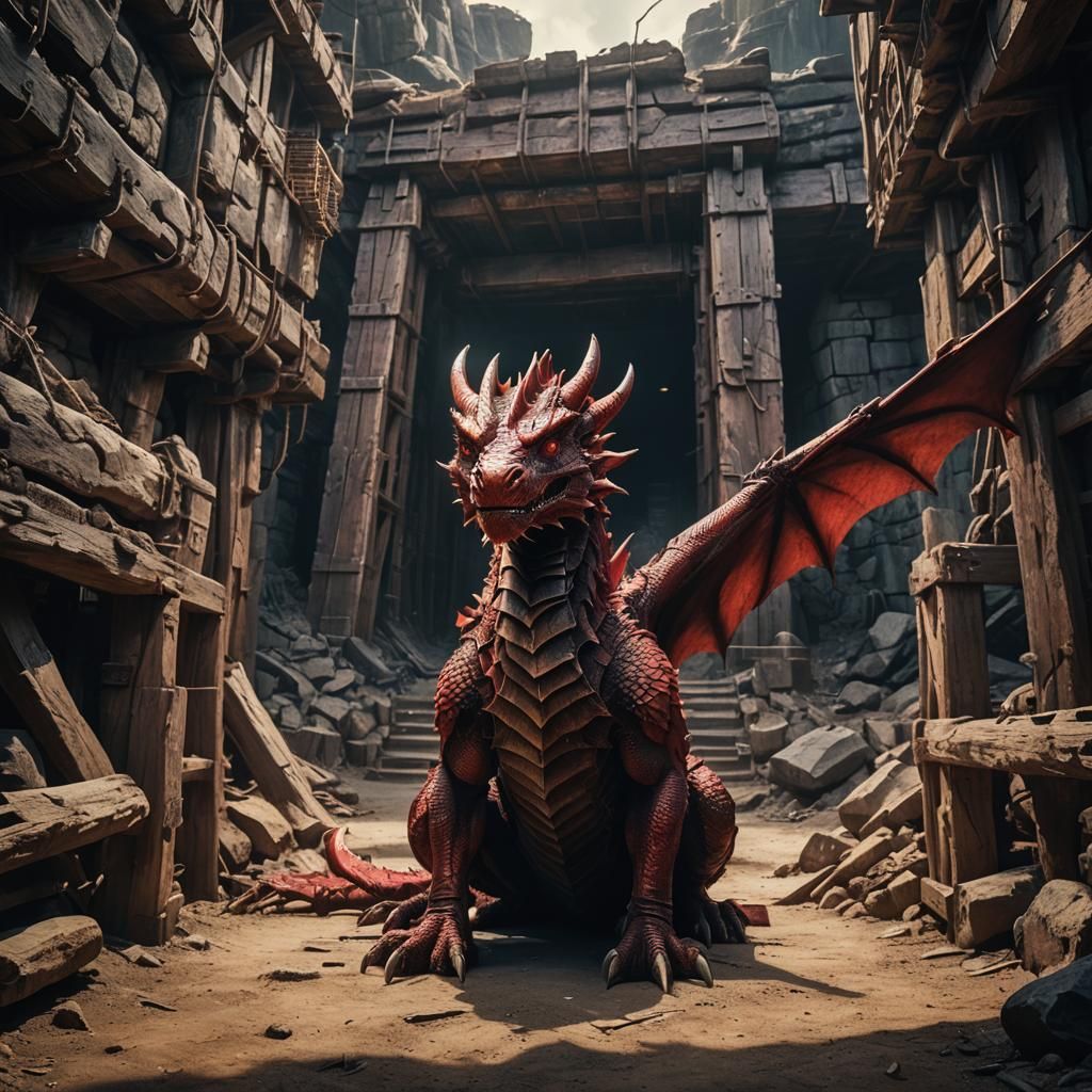 Red Dragon Guards Mineshaft Entrance: Cinematic Film Still