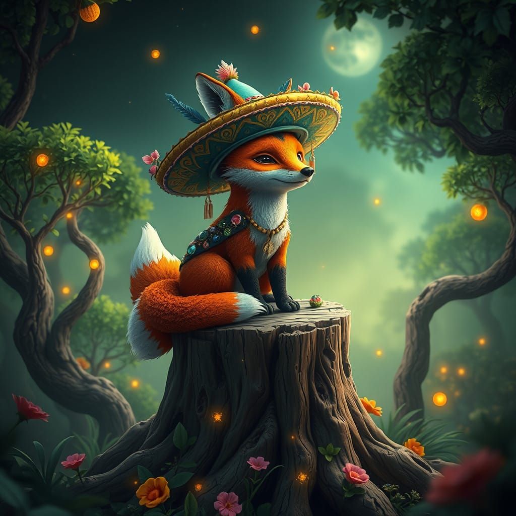 Vibrant Fox in Whimsical Mexican Fantasy Landscape