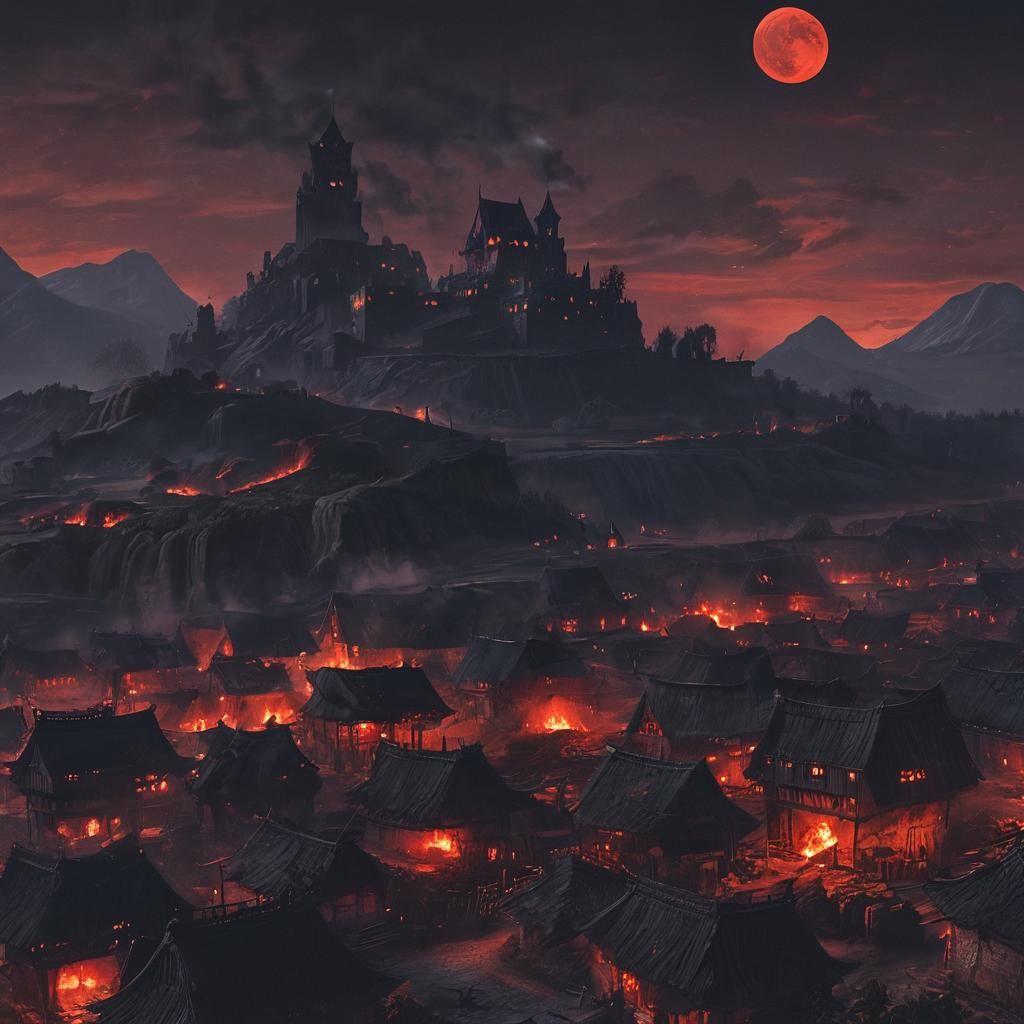 Burning Village Under Red Moon: Dark Fantasy Oil Painting