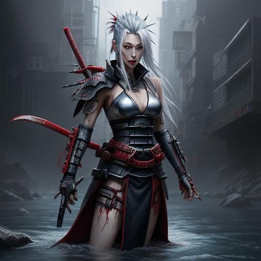 Cyberpunk Samurai Warrior in Bloody River, Manga Style
