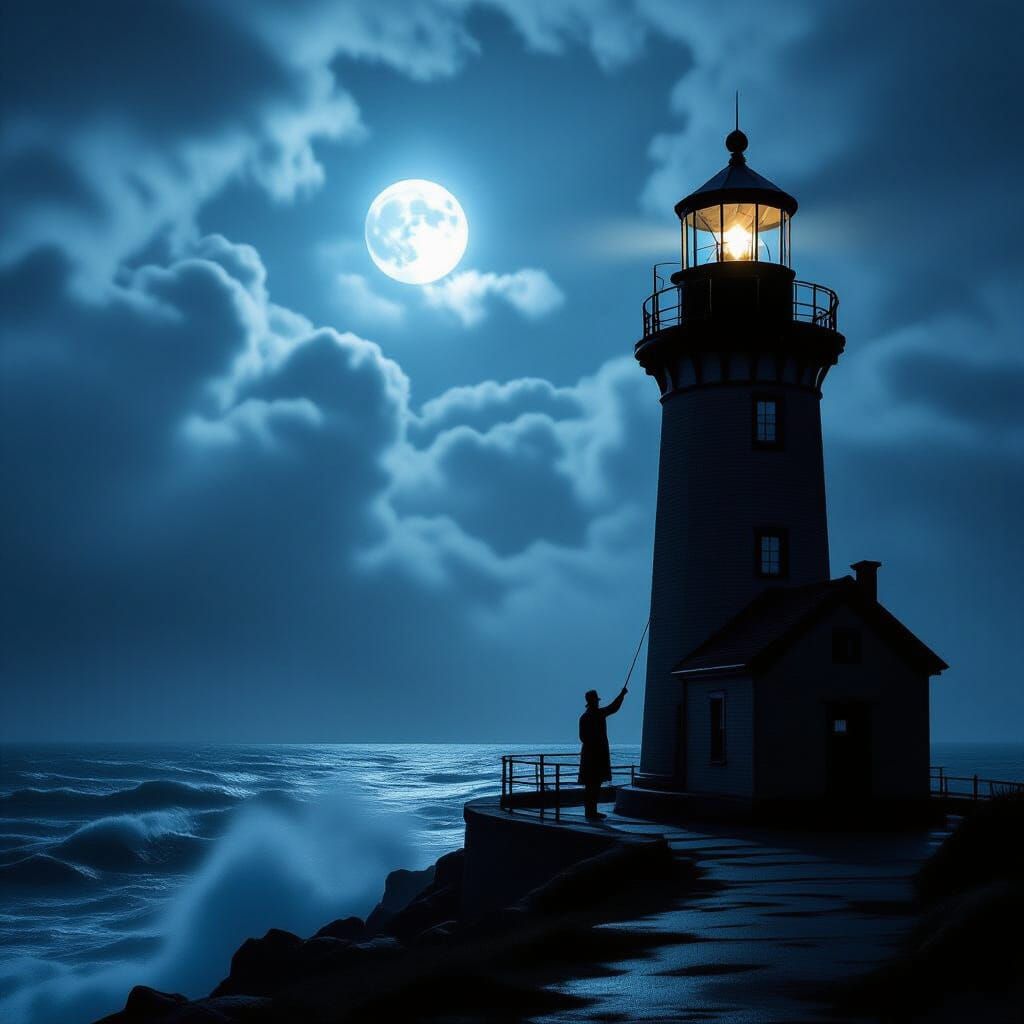 Mysterious Lighthouse Keeper in Stormy Film Noir Scene