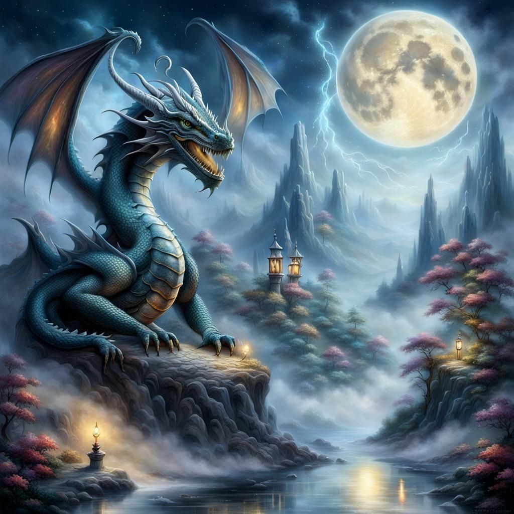 Dragon on Moon: Ethereal Fantasy Art