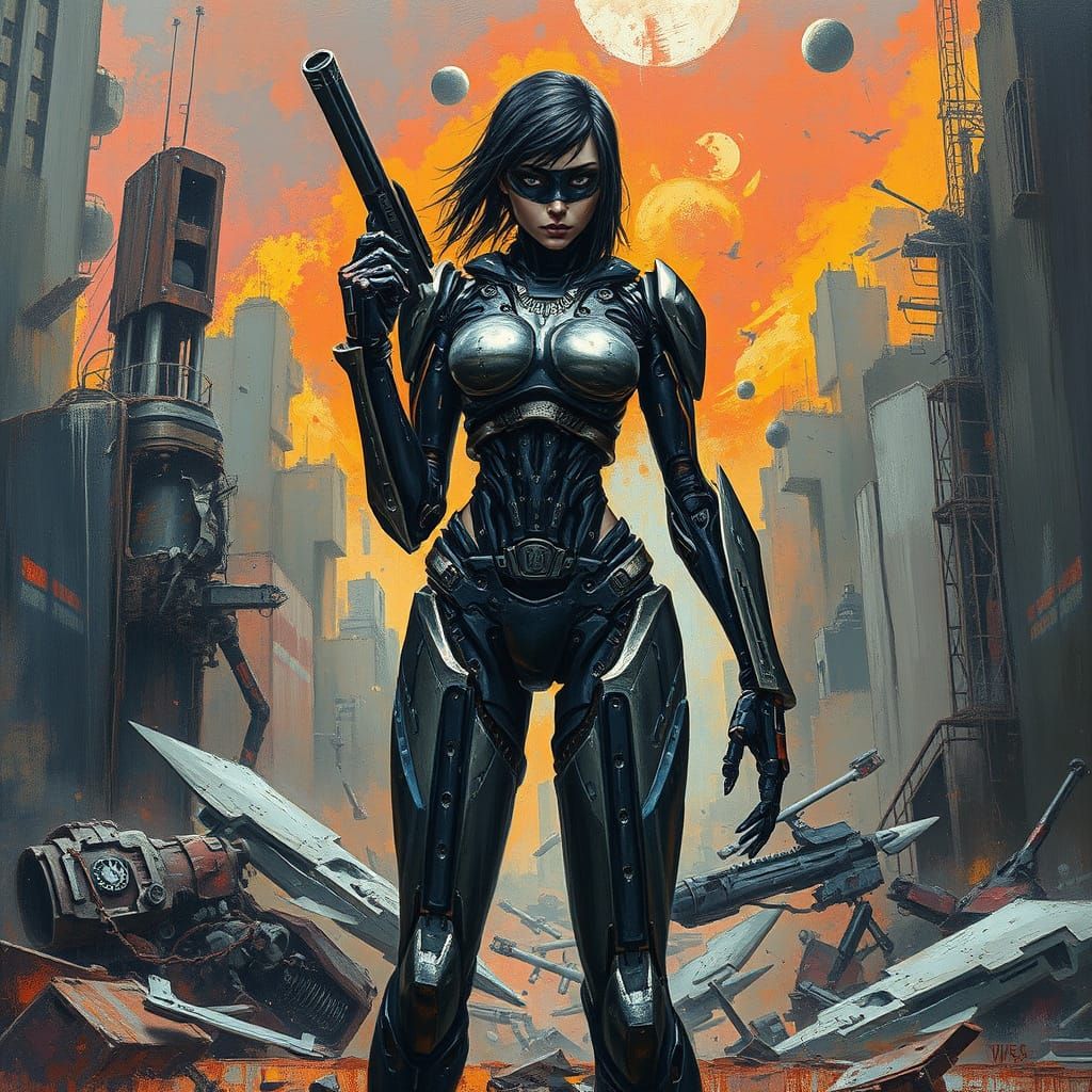 Cyborg Assassin in Dystopian Cityscape, in a Gritty, Impress...