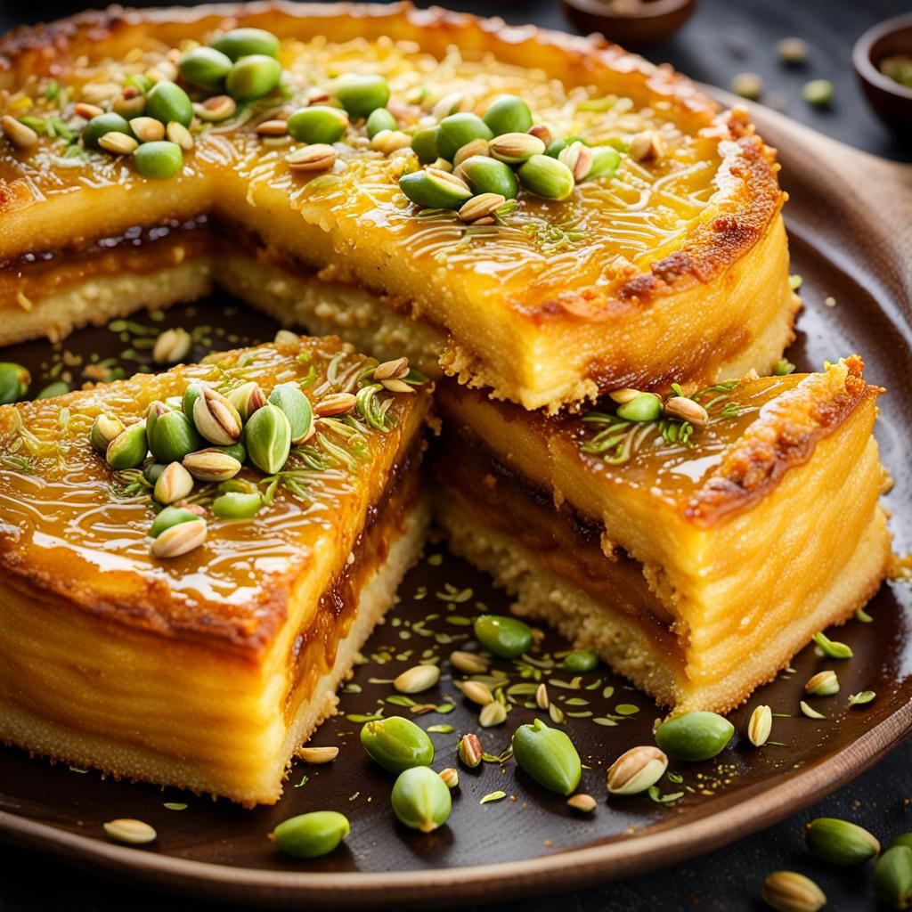 Delicious Kunafa Close-Up with Pistachios and Honey