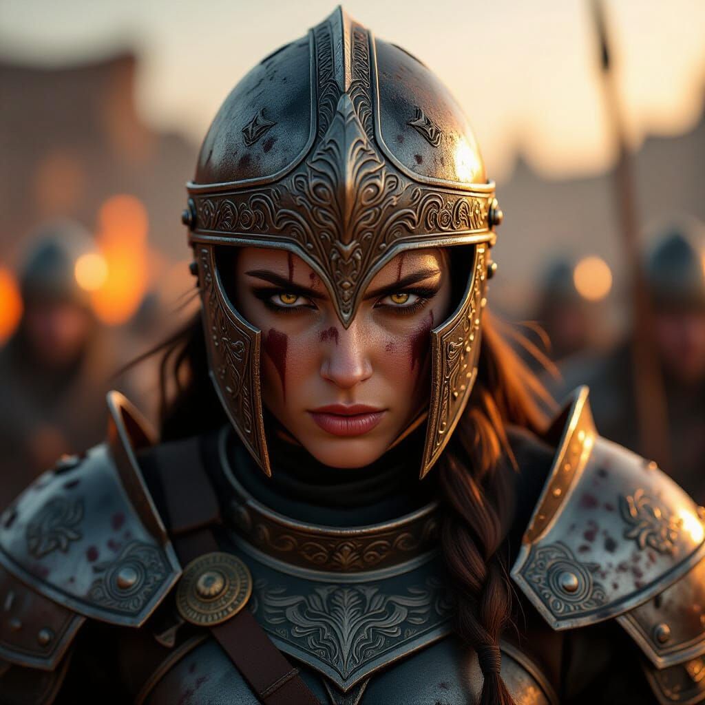 Intensely Determined Warrior in Detailed Battle Helmet