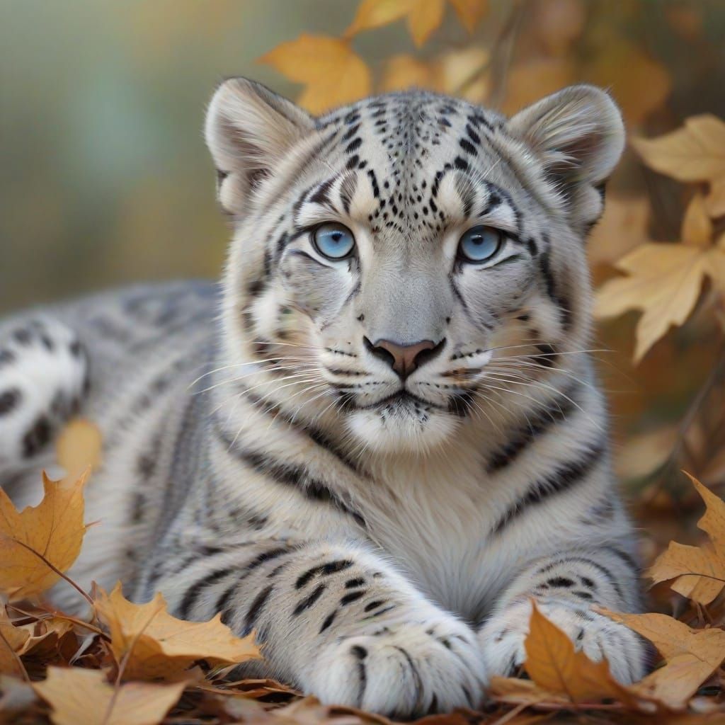 Baby Snow Leopard Resting in Fall Leaves Watercolor Masterpi...