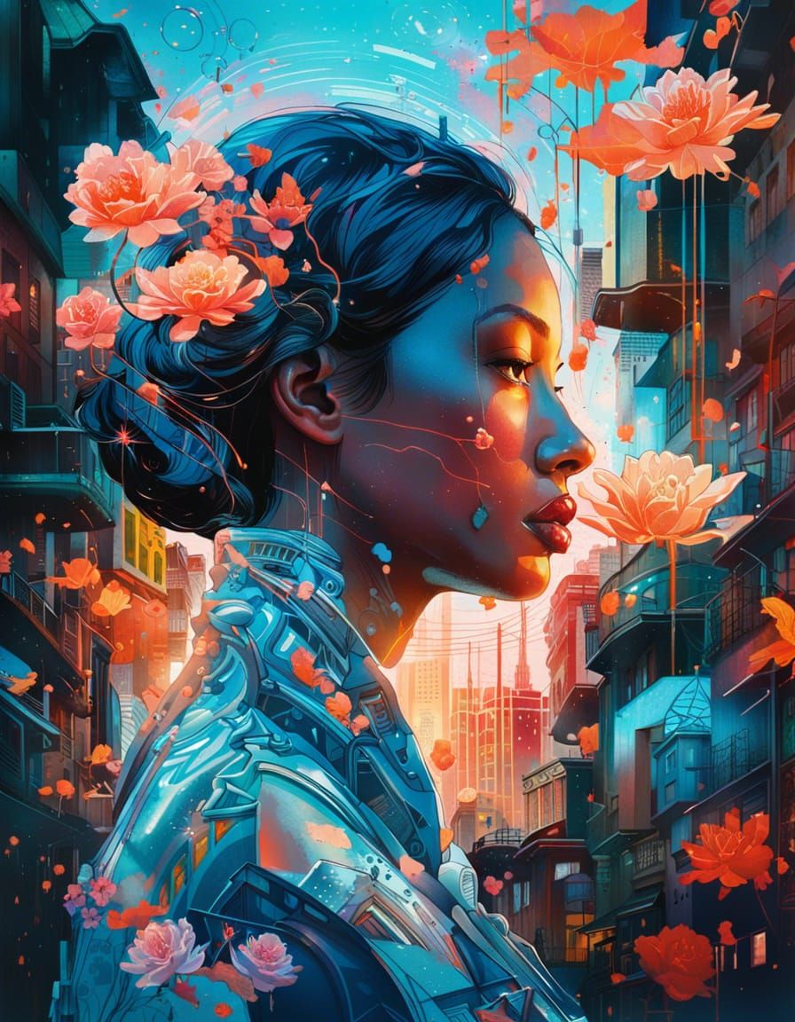 Futuristic Cityscape Meets Floral Ornament in Neon Splash Ar...