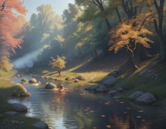 Children Bathing in River: Watercolor Concept Art