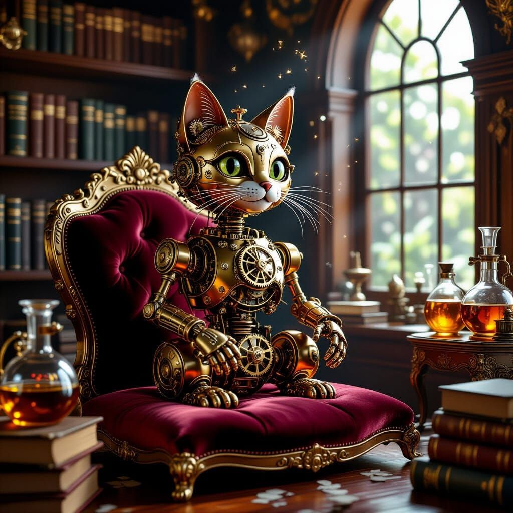 Steampunk Cat Automaton on Velvet Cushion