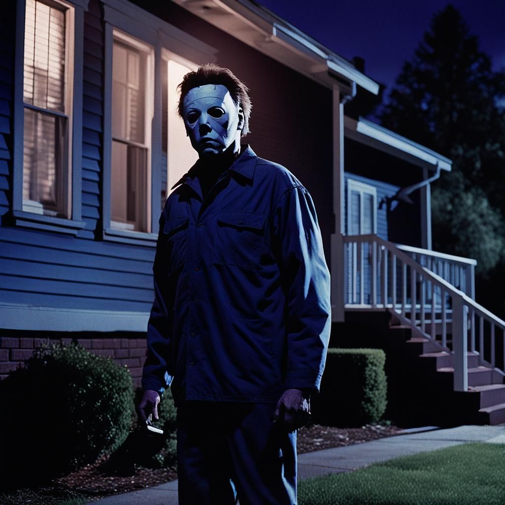 Michael Myers Stalks a Suburban Street in Film Noir Style