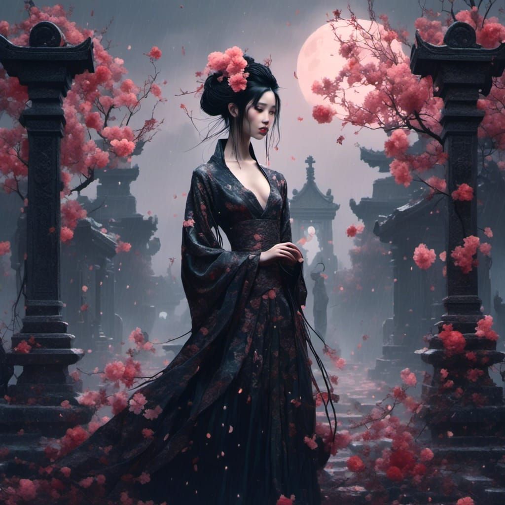 Asian Android in Rainy Cemetery at Night