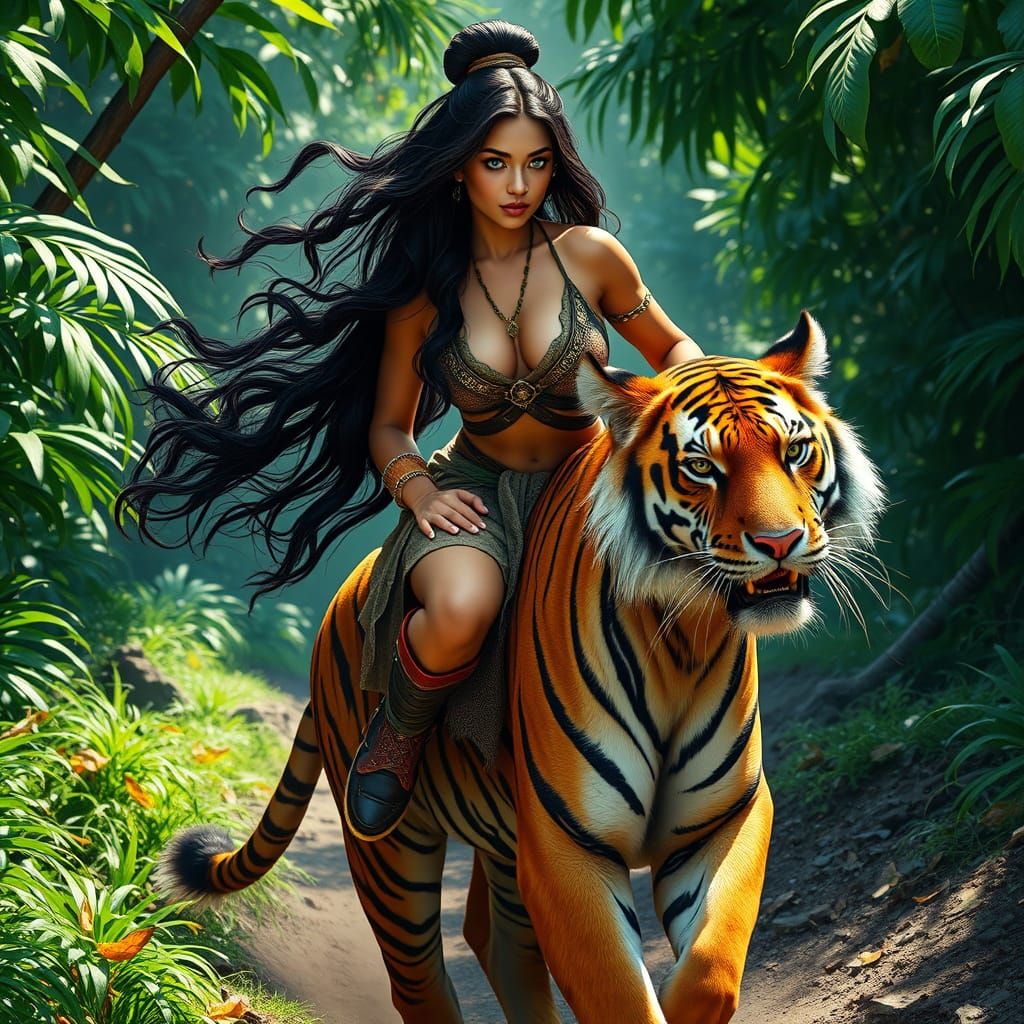 Fierce Tribal Goddess Rides Powerful Tiger Through Emerald J...
