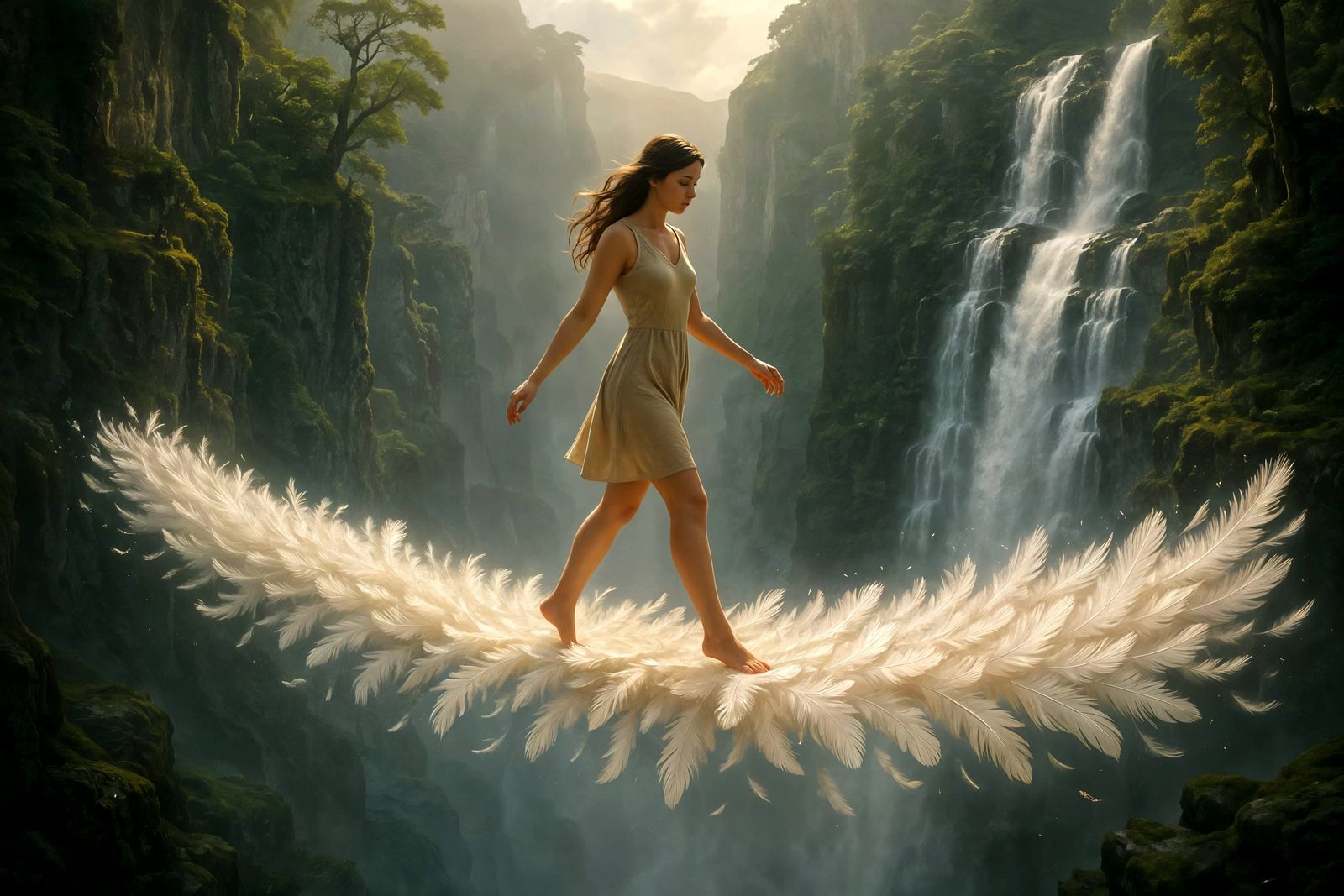 Woman on Feather Bridge Over Chasm in Photorealistic Style