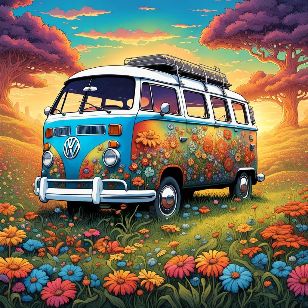 Colorful 70s VW Hippie Van in Comic Book Art