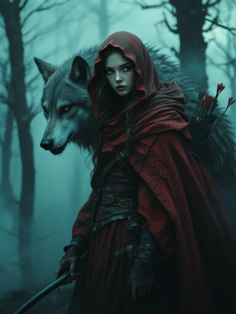 Gothic Fairytale: Woman in Crimson Hood with Wolf in Mist