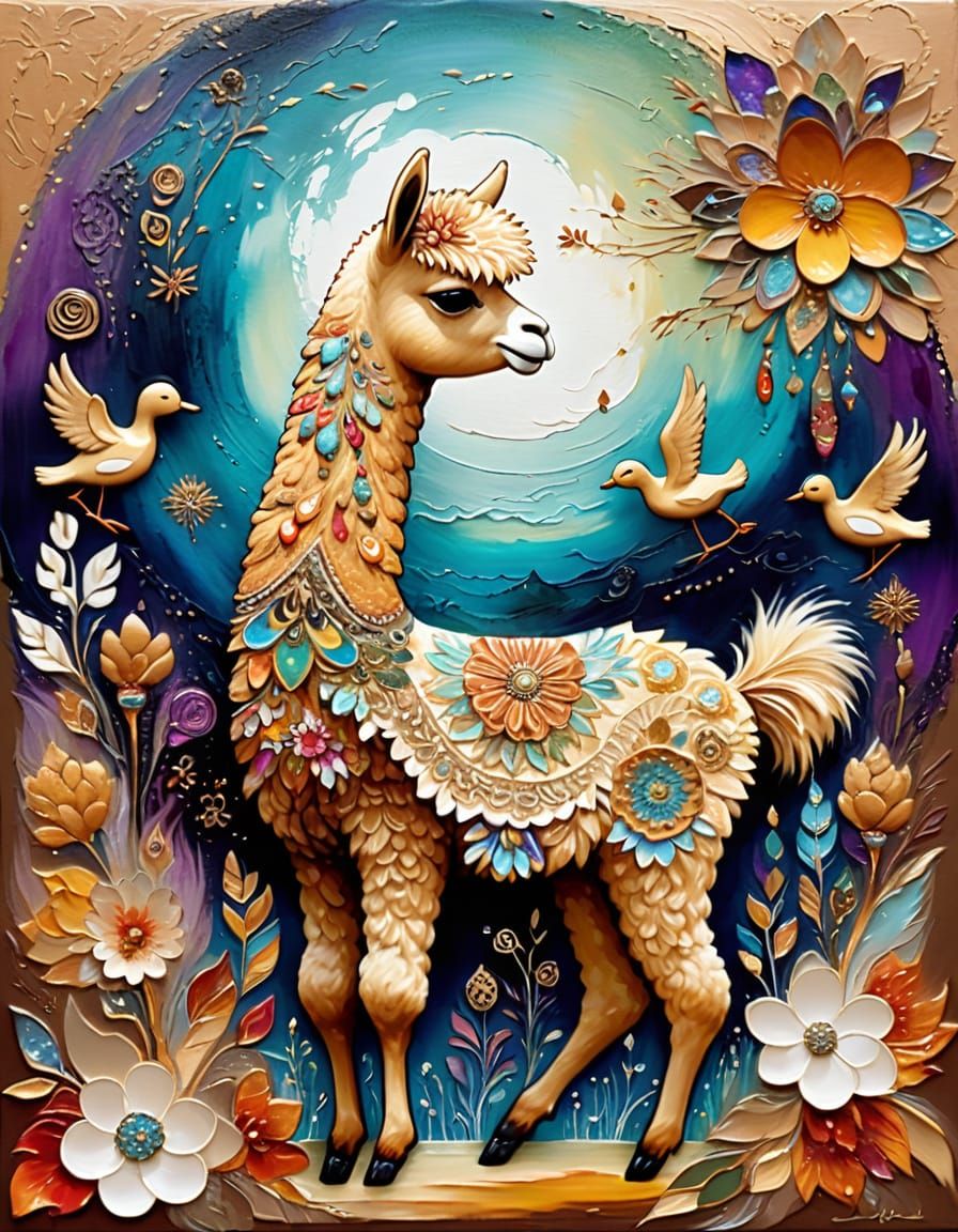 Alpaca and Duckling in Surreal Alcohol Ink Landscape