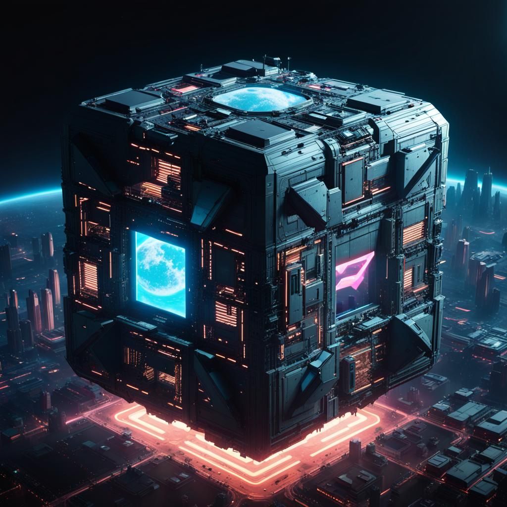 Cyberpunk Space Station Orbiting Earth with Spaceships