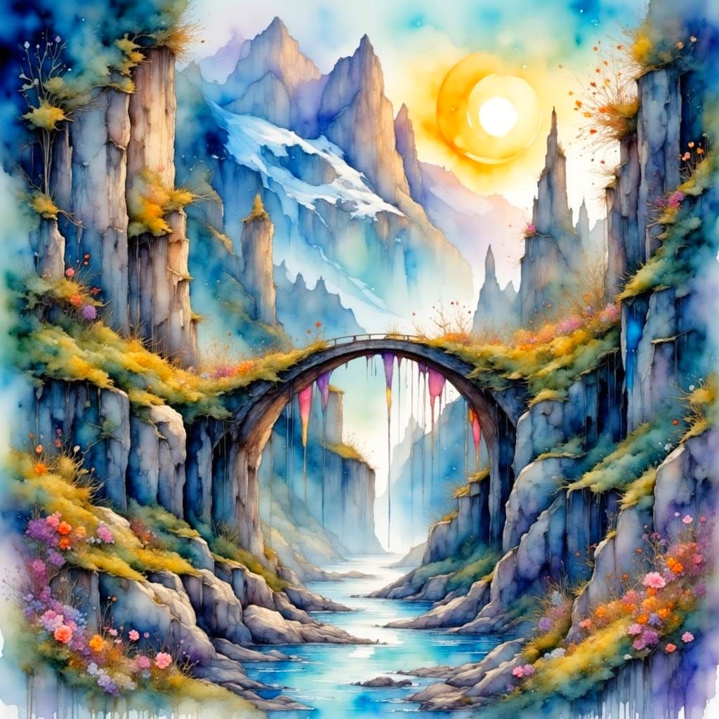 Whimsical Ancient Bridge in a Delicate Watercolor Style