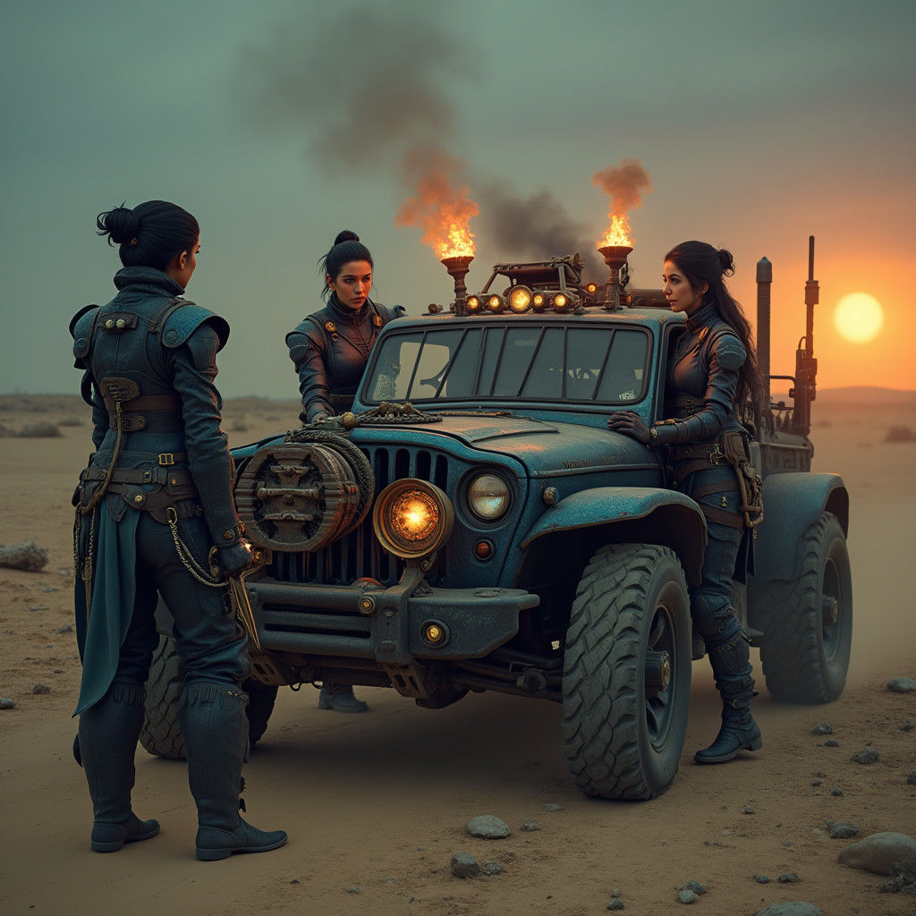 Steampunk Women Repairing Vehicle in Badlands