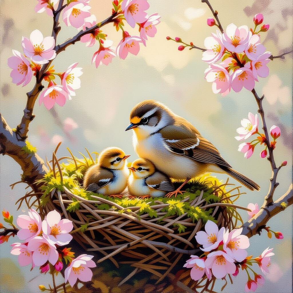 Impressionist Painting of Birds Feeding Chicks at Dawn