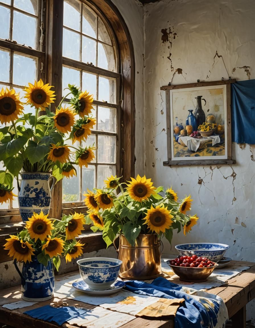 Sunflowers in Delft Blue: Ukrainian Still Life