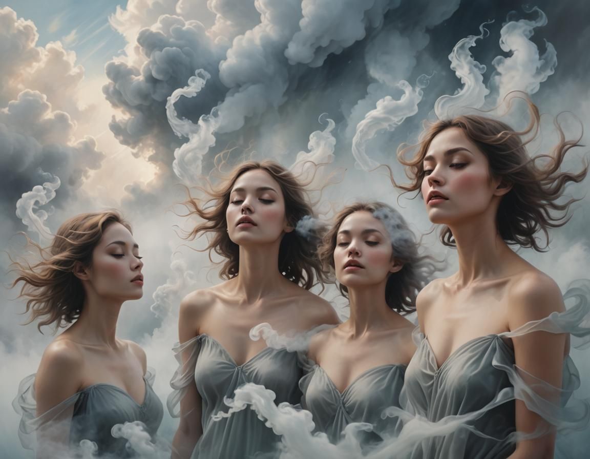 Ethereal Female Forms in Wispy Surrealist Oil Painting