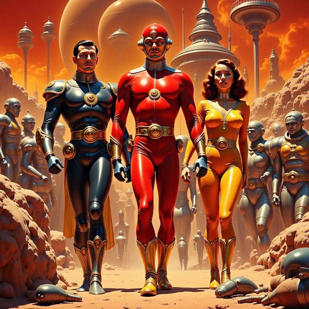 Vintage Futuristic Heroes Face Off Against Evil Emperor Ming