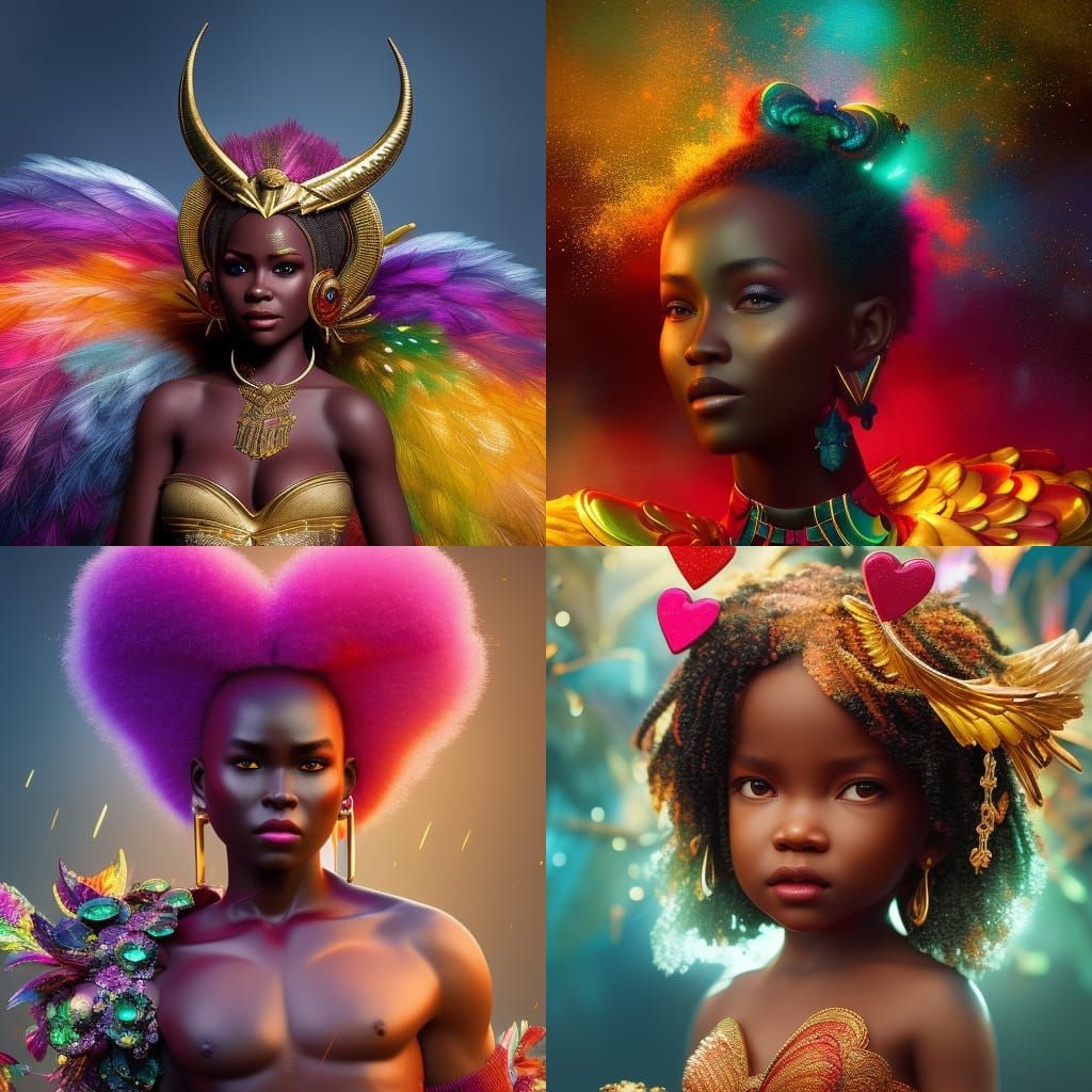 Photograph of beautiful African Cupid, colorful valentine hearts rain cosmos