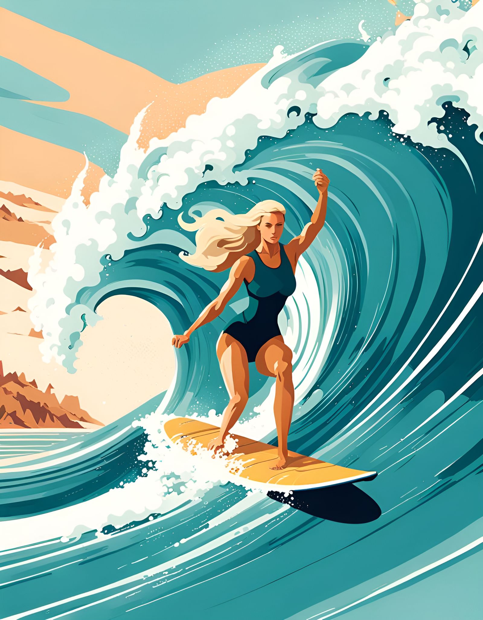 Vintage Travel Poster: Surfer Girl on a Wave