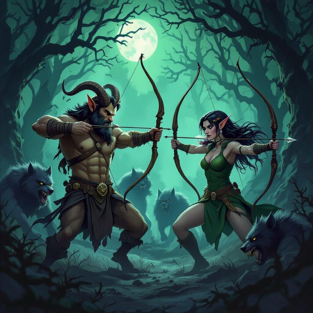Satyr and Elf Battle Werewolves in Dark Fantasy Forest