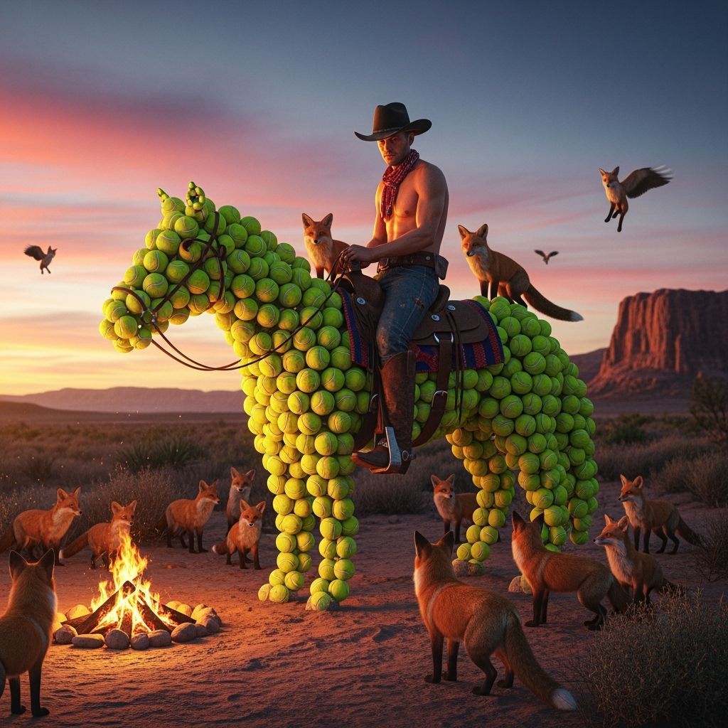Cowboy on Tennis Ball Horse in Desert Sunset