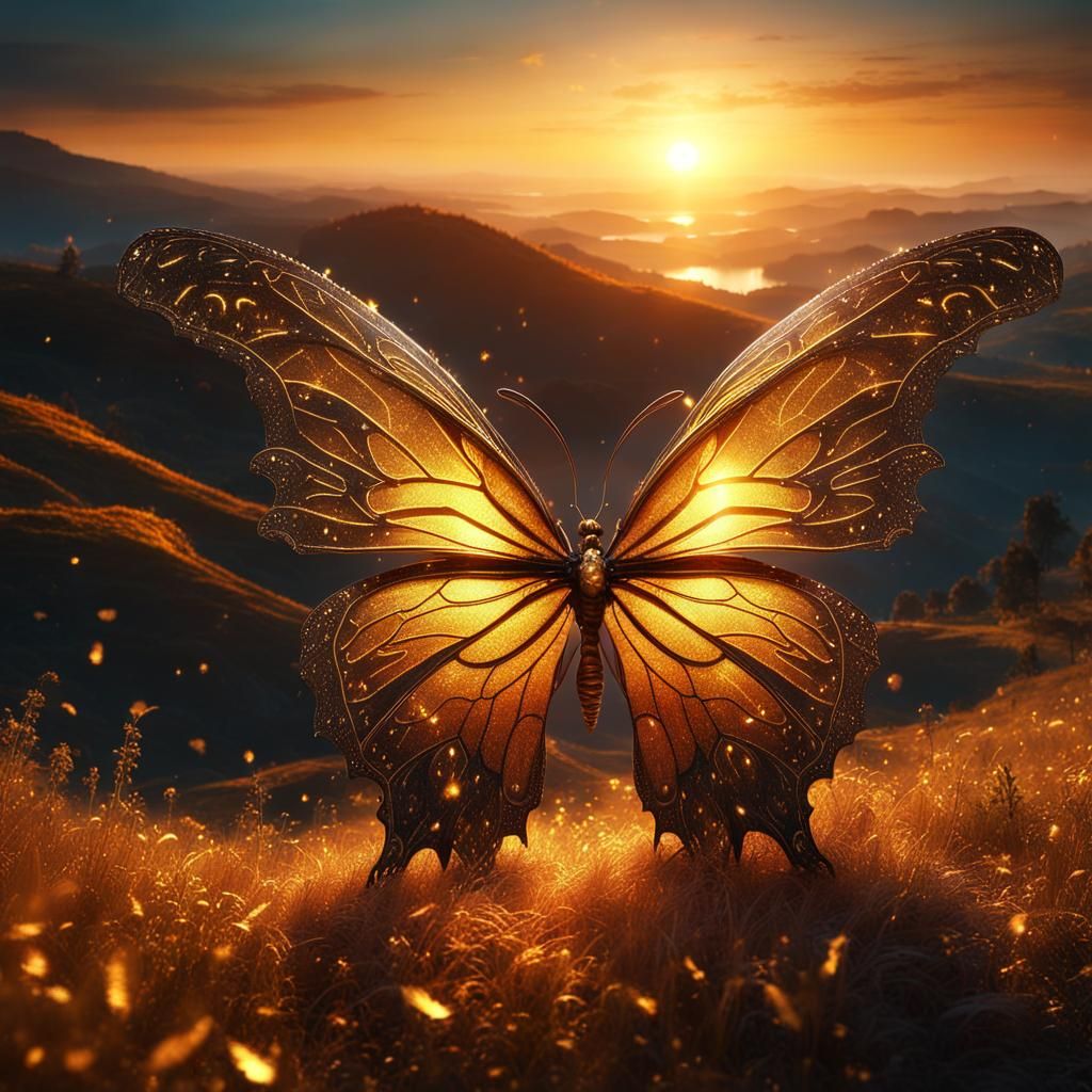 Sparkling Butterfly at Golden Sunset: Fantasy Concept Art