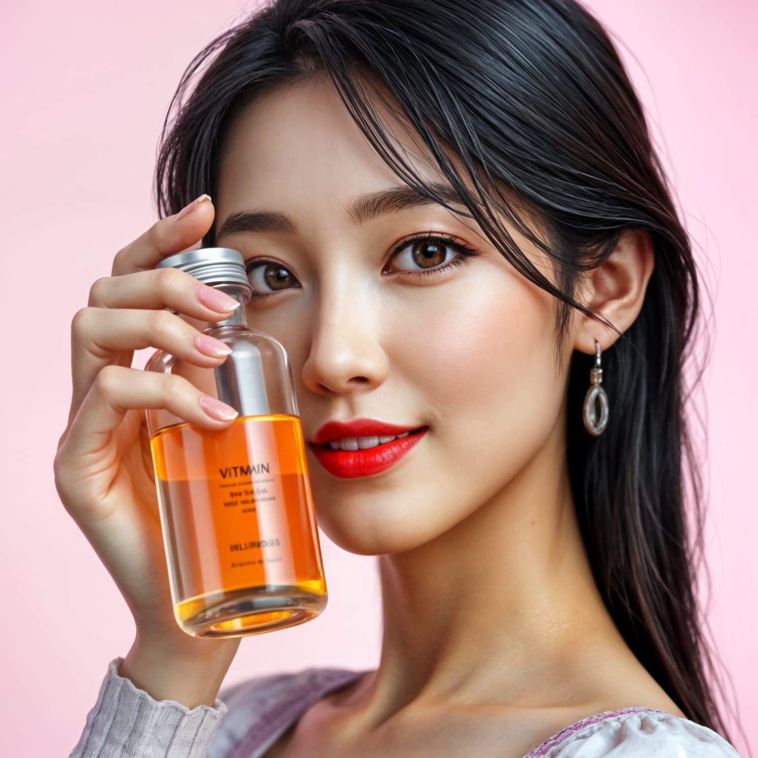 Asian Woman Portrait Holding Vitamin Bottle, Hyperrealistic ...