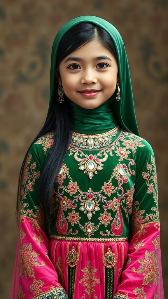 Elegant Young Girl in Resplendent Green and Pink Eid Dress