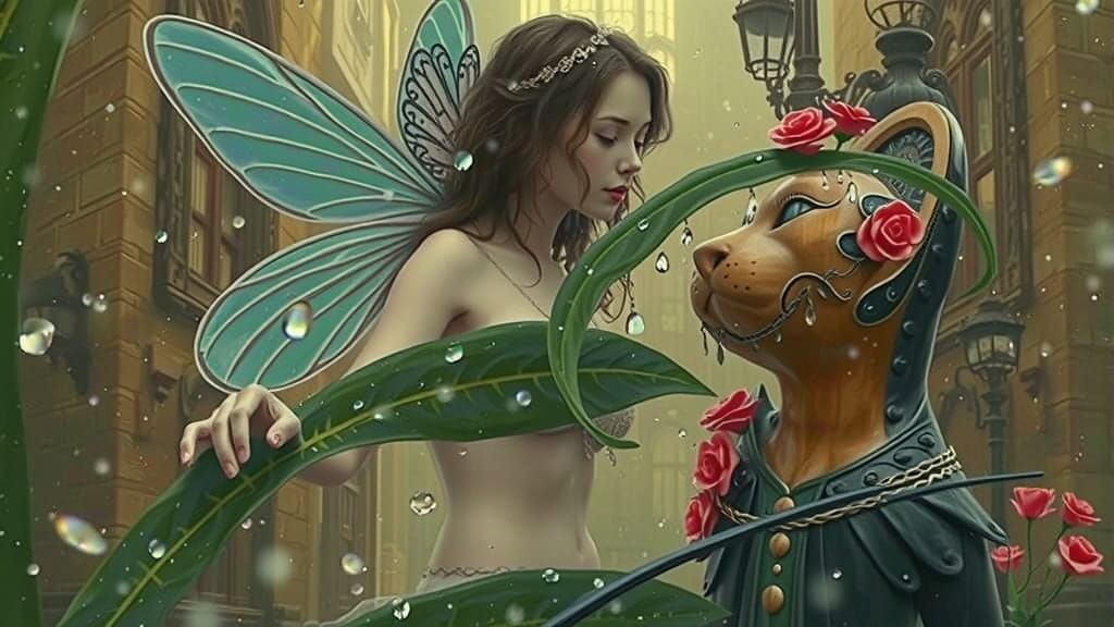 Fairy Woman and Wooden Cat Statue on Glistening Street