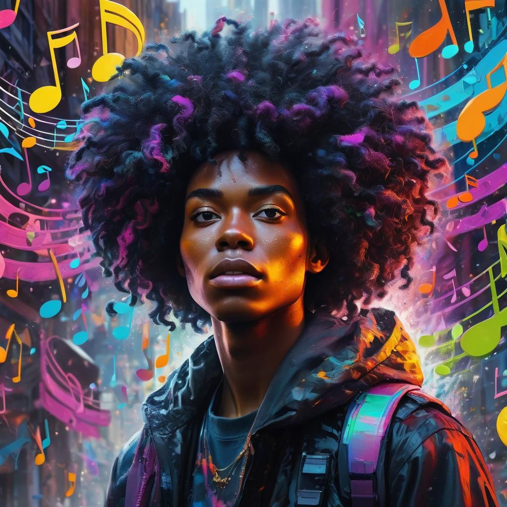 Musician's Surreal Cascade of Colorful Music Notes