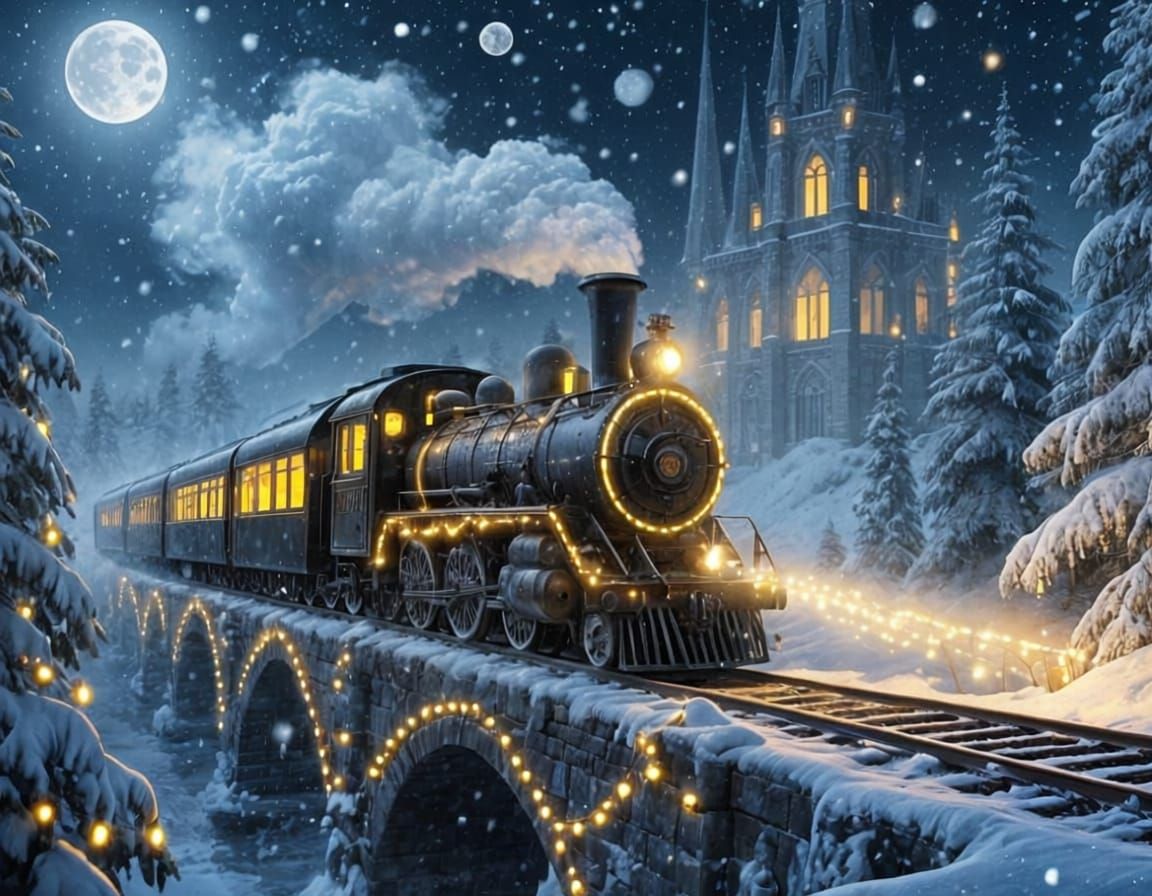 Vintage Steam Train Lights Up Snowy Winter Night