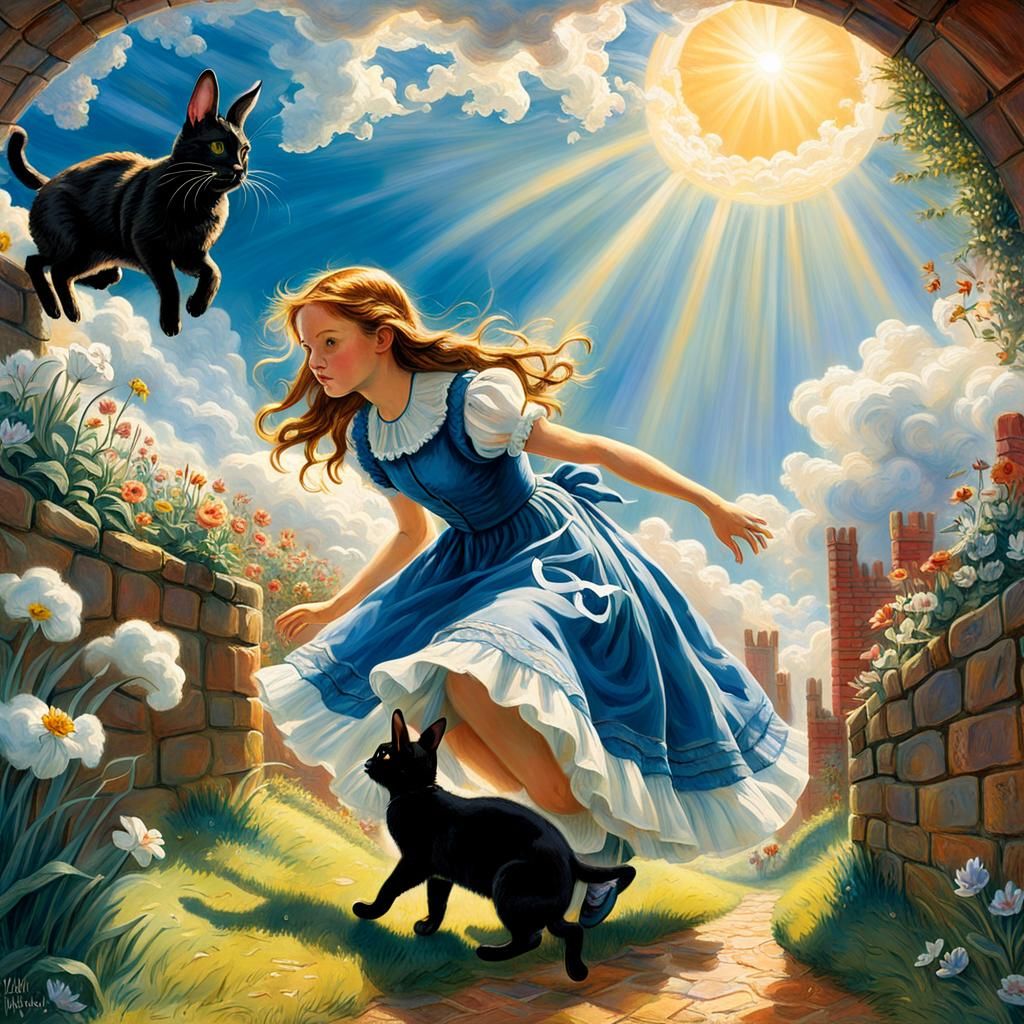 Girl Falling Down Rabbit Hole in Dreamlike Fantasy Art