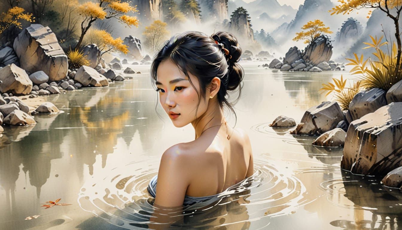 Chinese Ink Painting: Woman Bathing in Mountain River