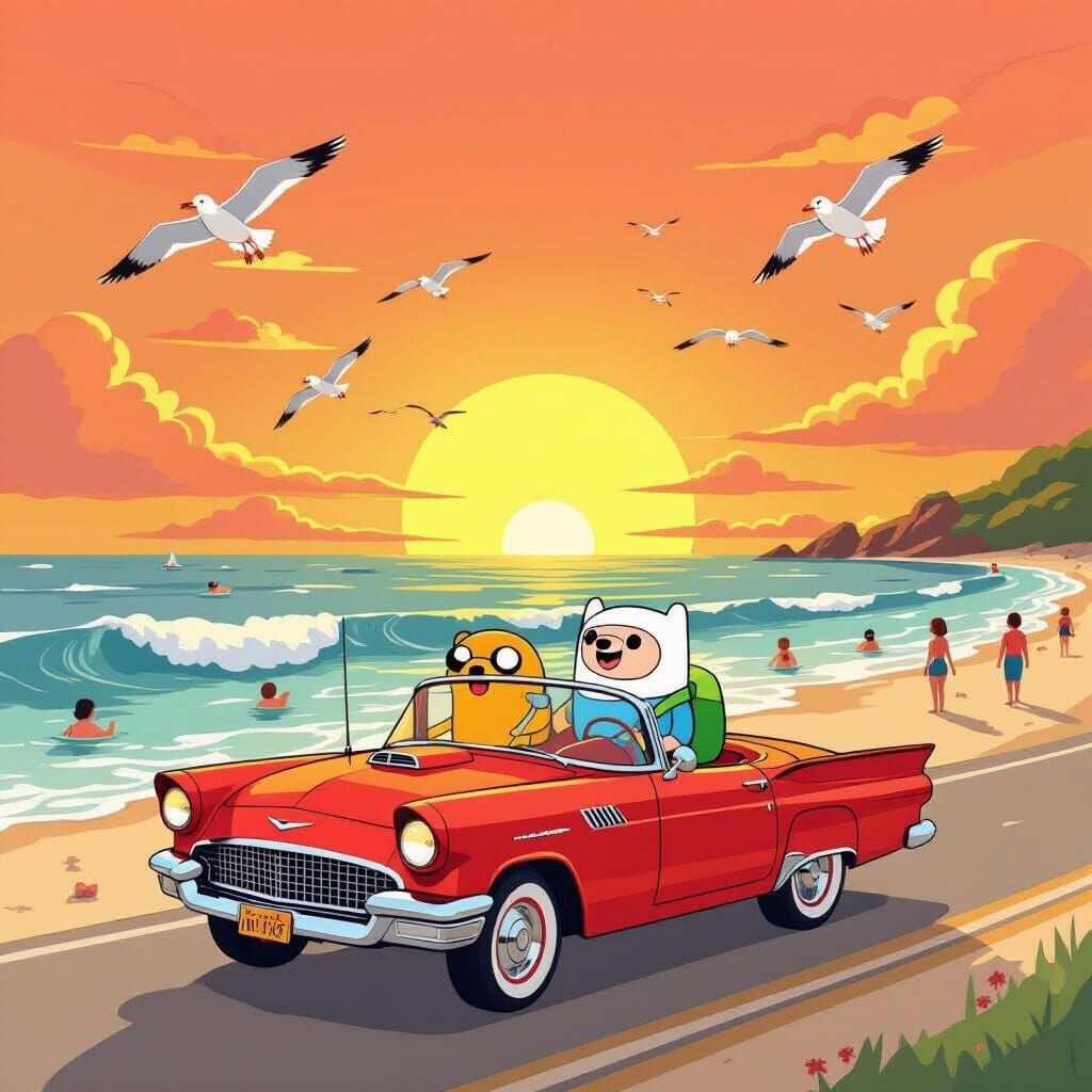 Finn and Jake Drive Red Car Beach Sunset Adventure Time