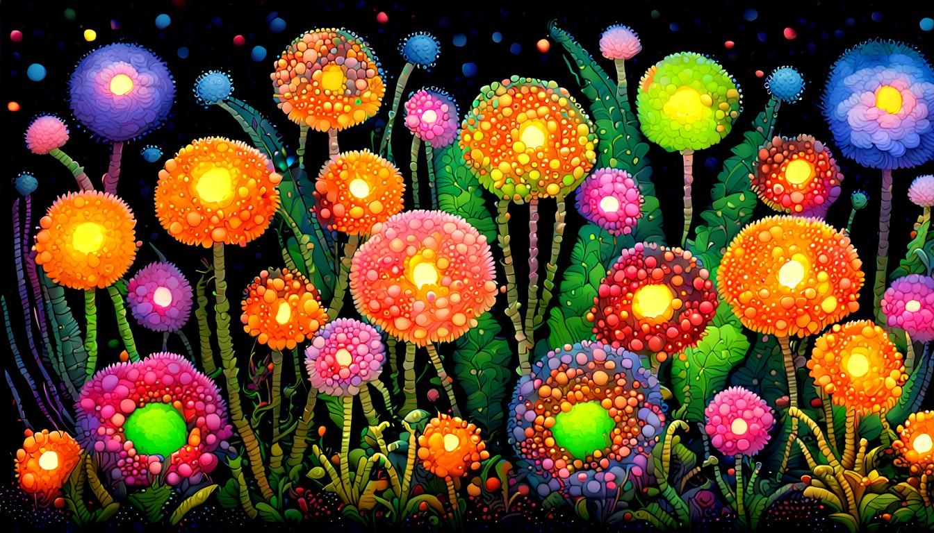 Magical Glowing Fairy Plant at Night: Pointillism Cubism