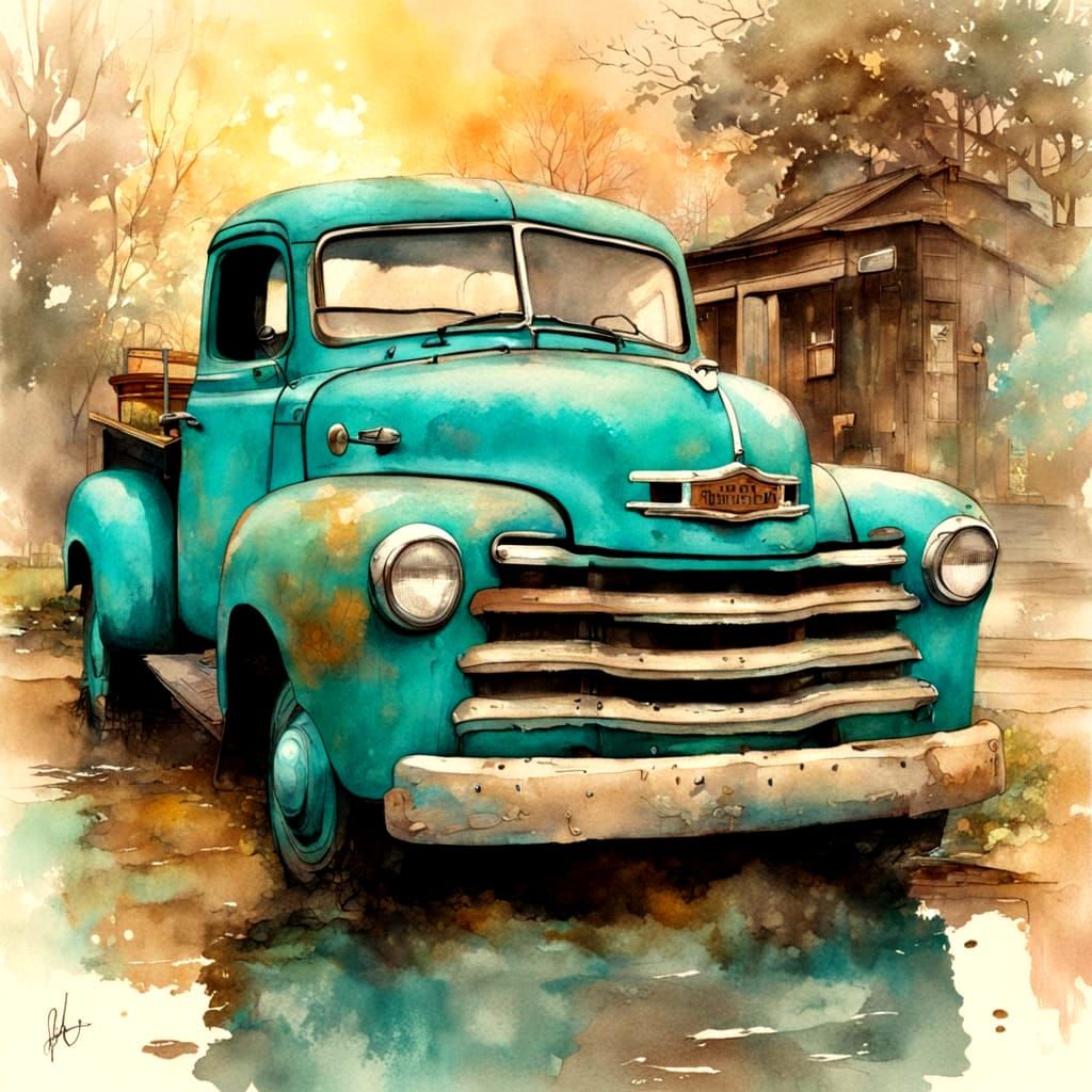 Ethereal Vintage Truck Landscape in Soft Pastel Hues