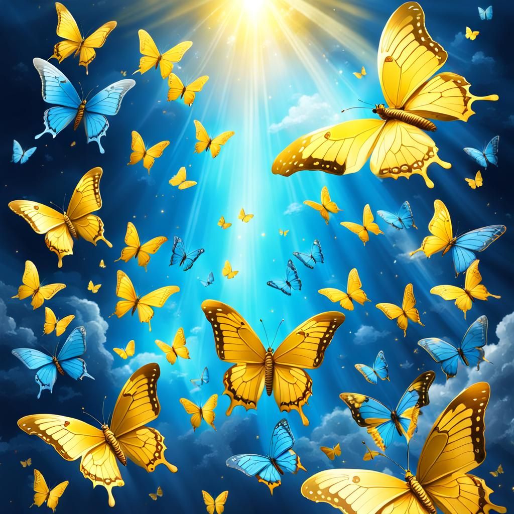 Golden Butterfly in Heaven with Blue Companions
